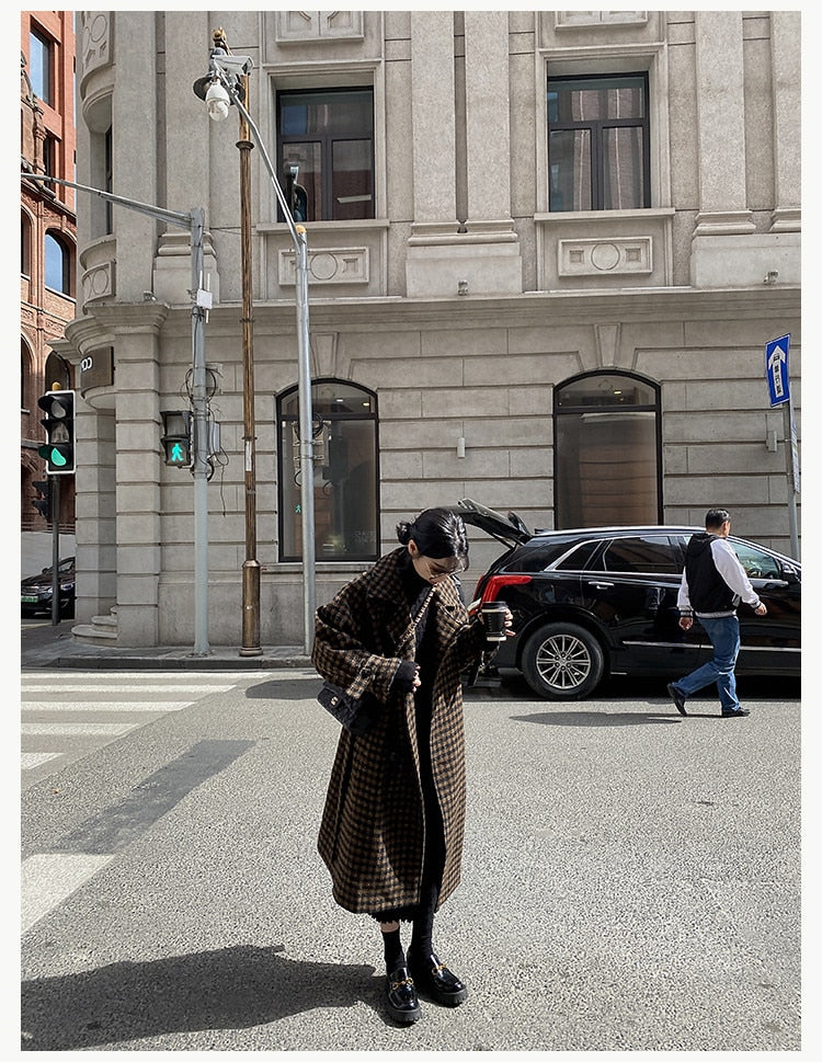 Autumn Winter Long Loose Casual Soft Plaid Woolen Coat Women Double Breasted Stylish Chic Luxury Designer Clothes voguable