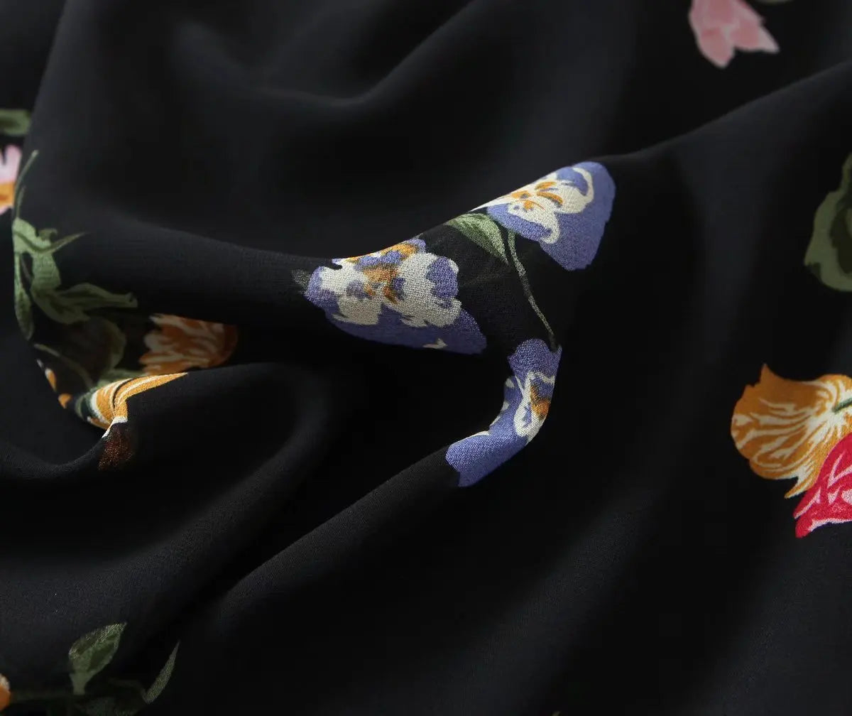 Voguable Summer Fashion Women French Style Floral Print Sling Chiffon Dress Vintage Black Female Midi Robe Prairie Chic voguable