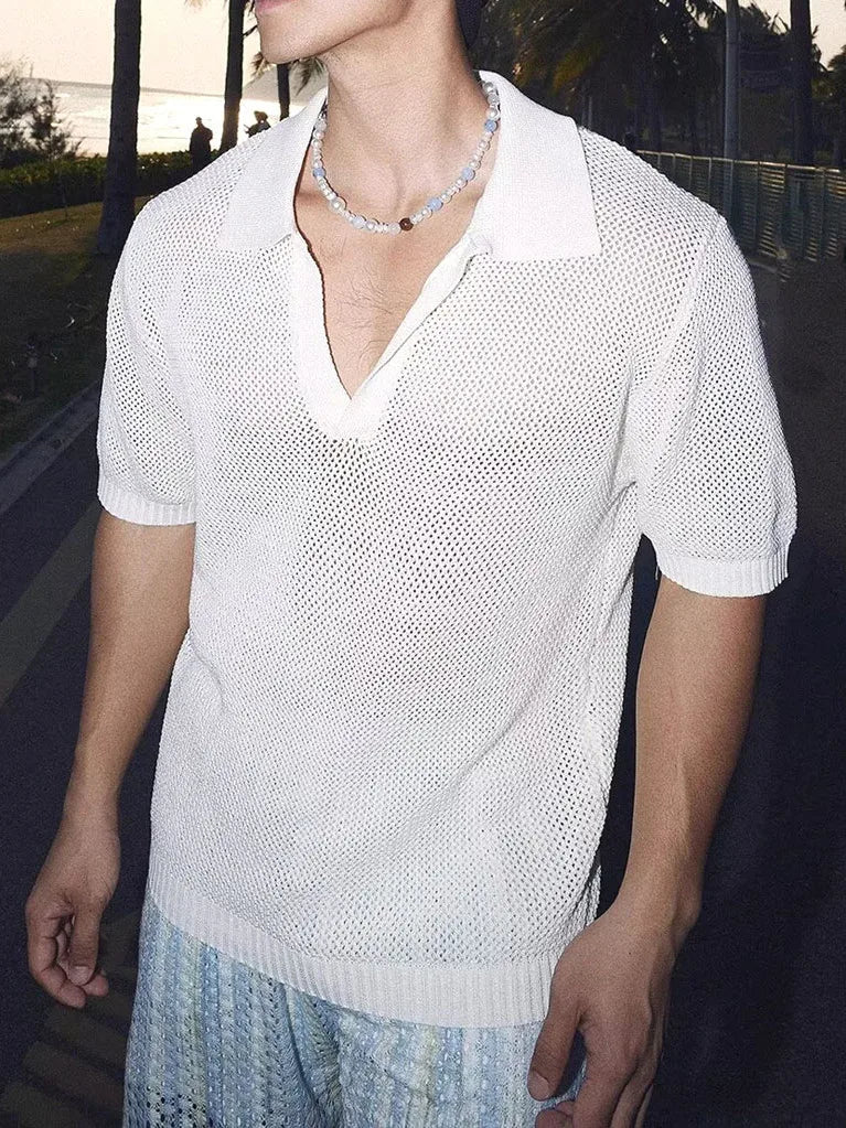 Voguable  Mesh Knitted Short Sleeve  Shirt with Large V-Neck for Men Breathable See-through Design Summer Fashion T-shirt for Teens voguable