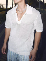 Voguable  Mesh Knitted Short Sleeve  Shirt with Large V-Neck for Men Breathable See-through Design Summer Fashion T-shirt for Teens voguable