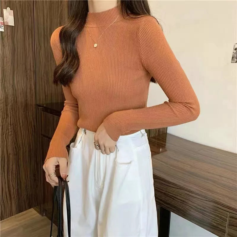 Elegant Solid Basic Knitted Tops Women Turtlneck Sweater Long Sleeve Casual Slim Pullover Korean Fashion Simple Chic Clothes voguable