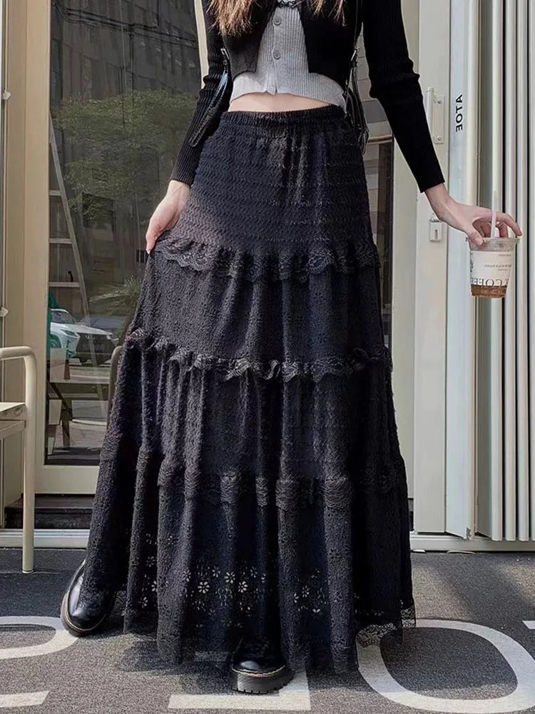 Elegant Lace Splicing Midi Skirt for Women Y2K Summer High Waist Chic Hollow Out A Line Skirts Korean Solid All-Match Long Skirt voguable