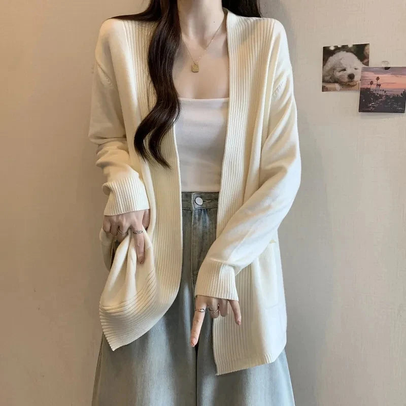 Knitted Women Cardigan Autumn Loose Long Sleeve V Neck Casual Sweater Coat Korean Solid Simple Basic Female All Match Cardigan voguable