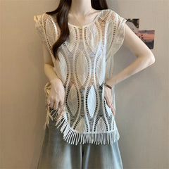 Voguable  Summer Pullovers Blouse New Sleeveless Hook Flower Hollow Vest Shirt Loose Casual Women Tops voguable