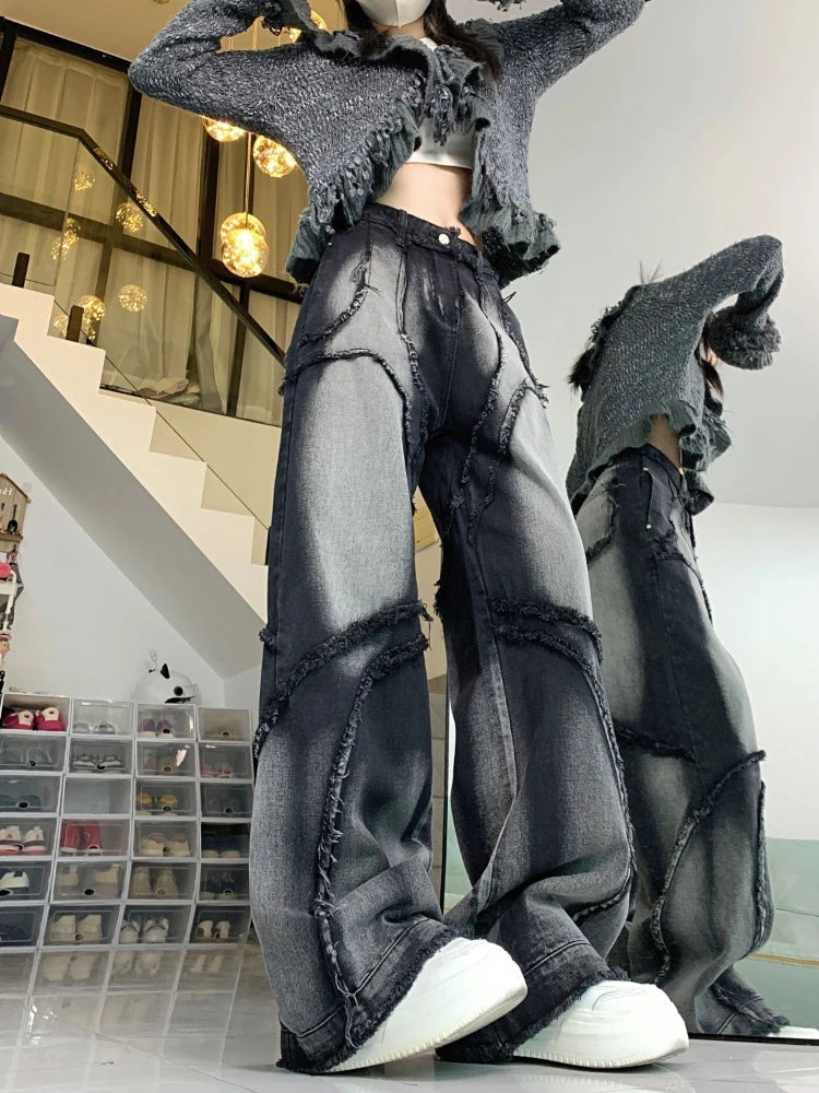 Y2k Vintage Jeans Women Wide Leg Pants High Waist Hip-hop Streetwear Black Trouser Retro Baggy Denim Pants Aesthetics voguable