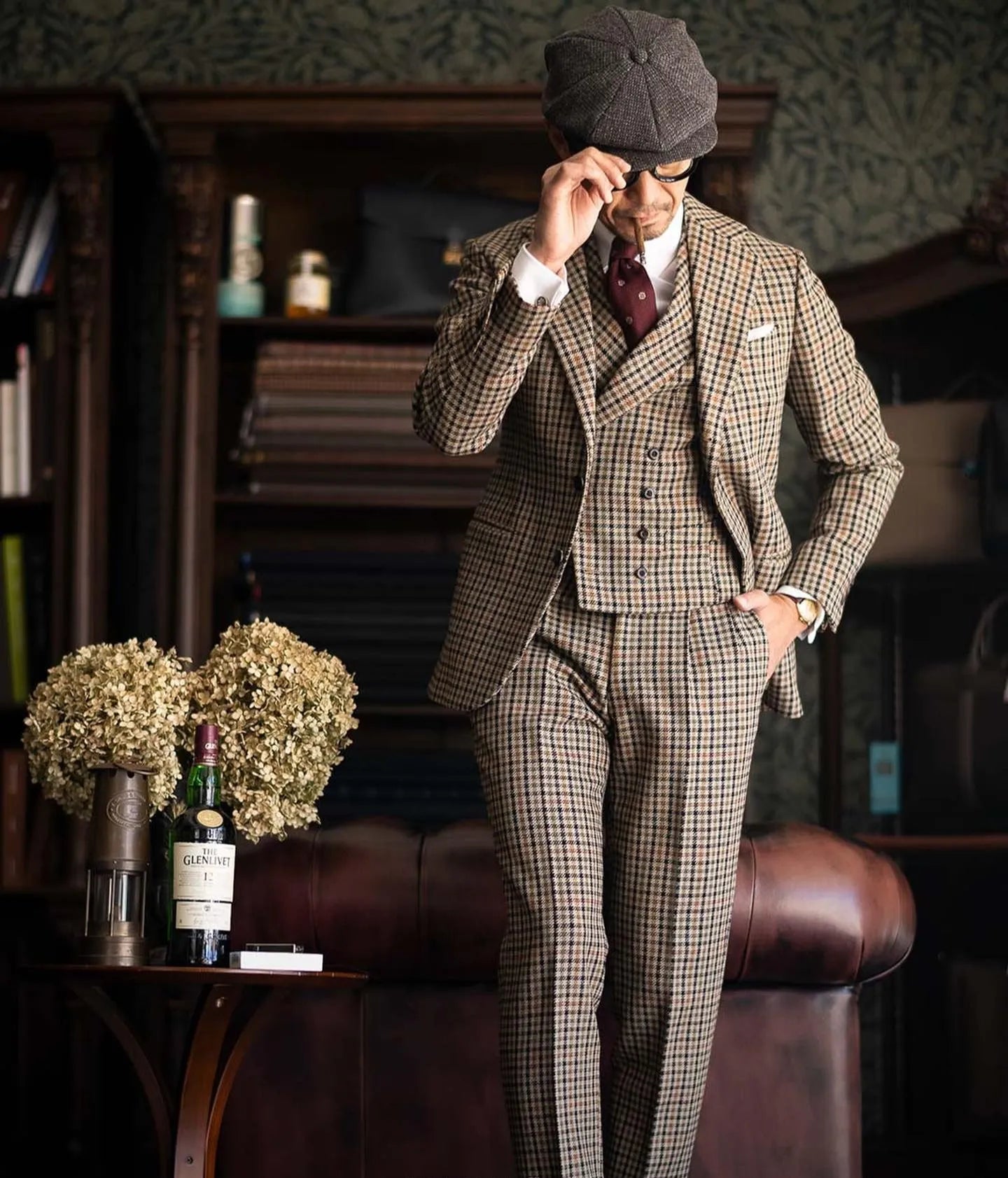 Burgundy Black Green 3 Color Small Square Thousand Bird Man‘s Suit Set Outfit Notch Lapel Blazer Trousers 3pcs Jacket Pants Vest voguable