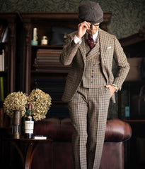 Burgundy Black Green 3 Color Small Square Thousand Bird Man‘s Suit Set Outfit Notch Lapel Blazer Trousers 3pcs Jacket Pants Vest voguable