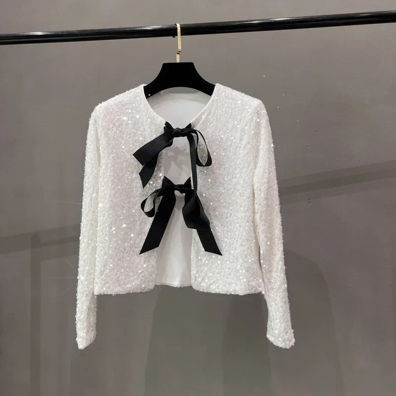 Voguable  Korean version name Warm air short version Small fragrant sequins Small suit Light ripe wind BINGBING bead lace-up bow top voguable