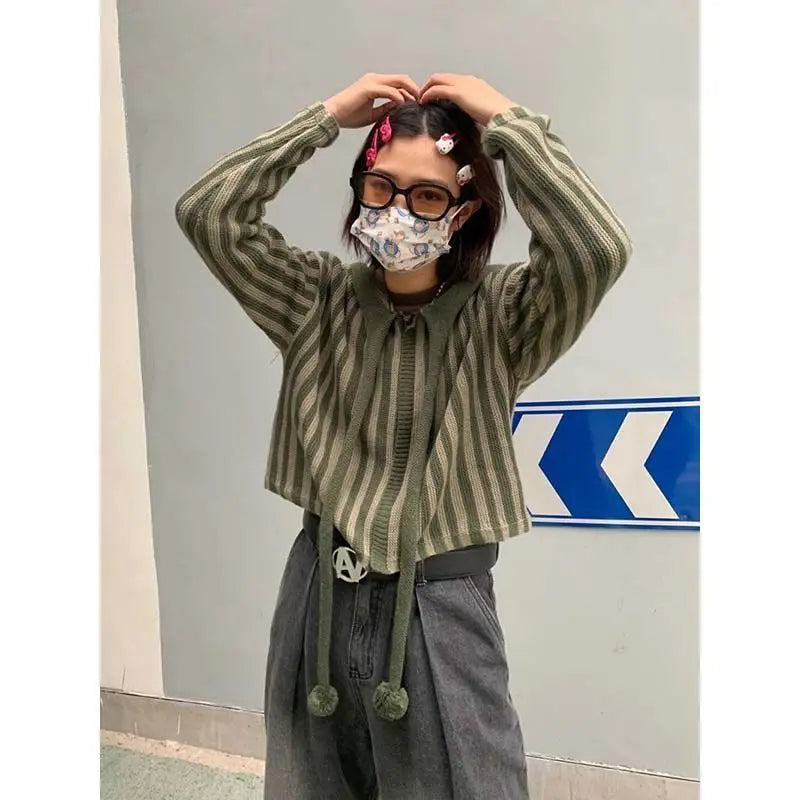 2025 Spring Autumn Korean Hooded Loose Harajuku Sweaters Women Striped Zipper Cardigan Knitted Fashion Gothic Y2k Tops Jumper voguable