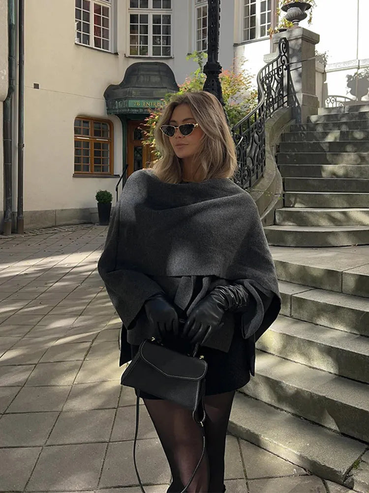 2024 New Fashion Scarf Collar Woolen Jackets For Women Elegant Long Sleeved Side Split Casual Coats Female Chic Autumn Overcoats voguable