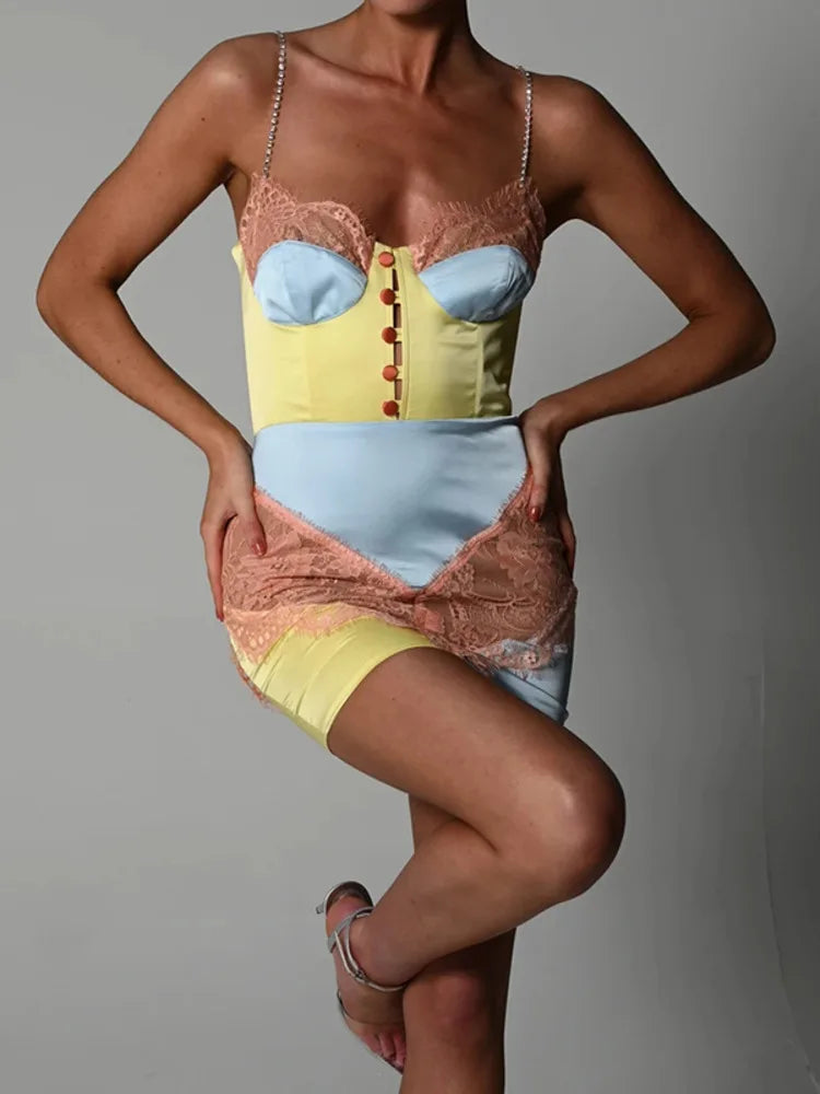 Diamond Chain Patchwork Print Mini Dress Women Fashion Y2K Summer Lace Sleeveless Backless Bodycon Dress 2025 Elegant voguable