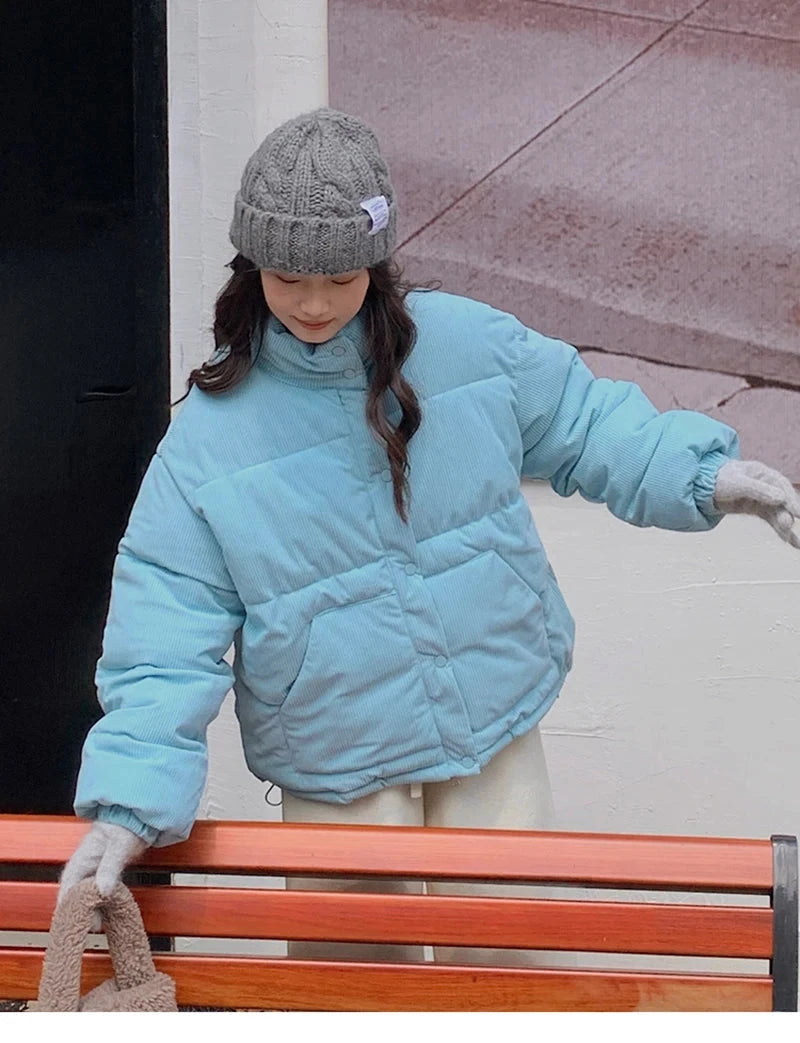 Women Sweet Corduroy Parkas Warm Long Sleeve Retro Stand Collar Cotton Coat Winter Thick Casual Preppy Style Korean Jacket voguable