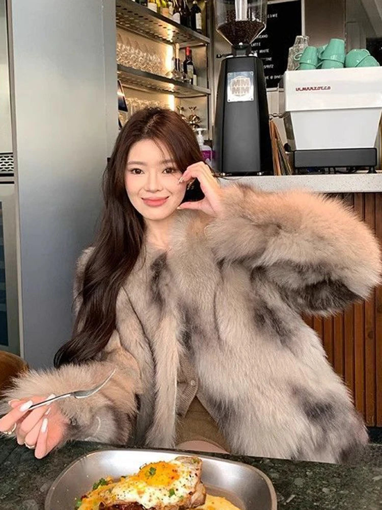 Slim Women Faux Fur Coat Long Sleeve Elegant Vintage Faux Fox Jacket Korean Retro Winter Warm Long Sleeve Female O Neck Tops New voguable