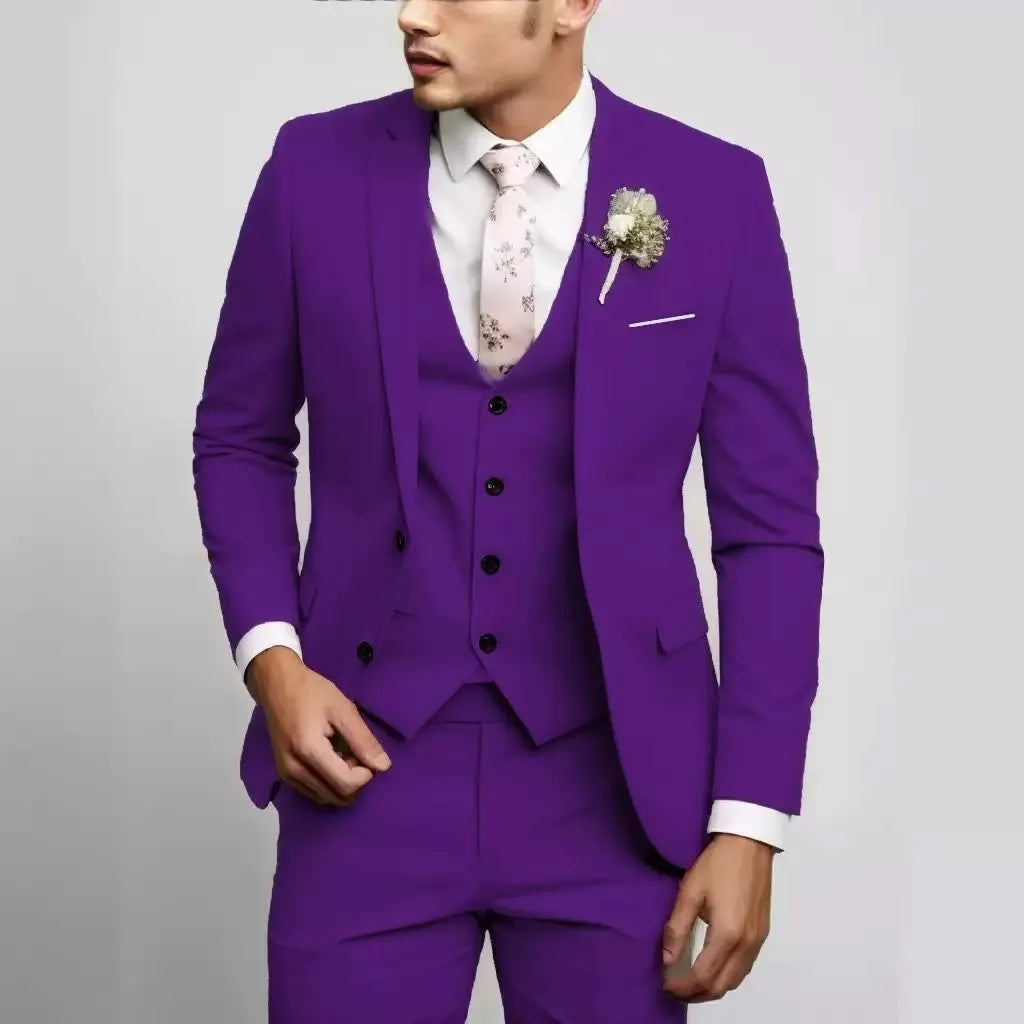 Voguable  3 Pieces Suit Fashionable and Formal Gentle Trend Solid Color Men's Business Casual Fit Wedding Host Gentle Suit voguable