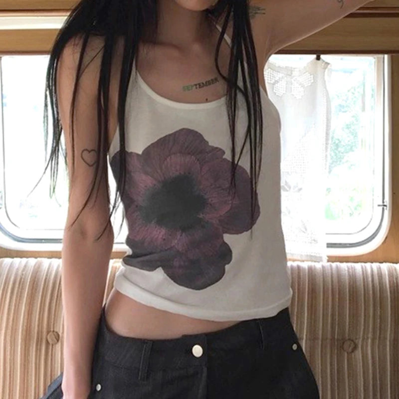 Voguable  Vintage Flower Print Halter Top Women Y2K Aesthetic Sleeveless Tops Holiday Party Korean Style Coquette Sexy Camisole voguable