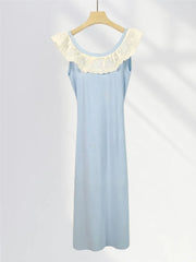 Peter Pan Collar Ruffle Knit Long Dress 2025 Blue Embroidery Patchwork Sweet Chic Tank's Dress Sleeveless Slim Summer Dresses voguable
