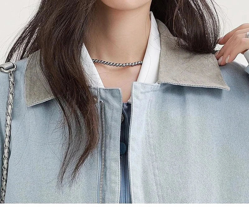 Blue Cargo Jacket Women Sweet Preppy Style Long Sleeve Retro Coat Casual Patchwork Turn Down Collar Korean Fall Outwear Top voguable