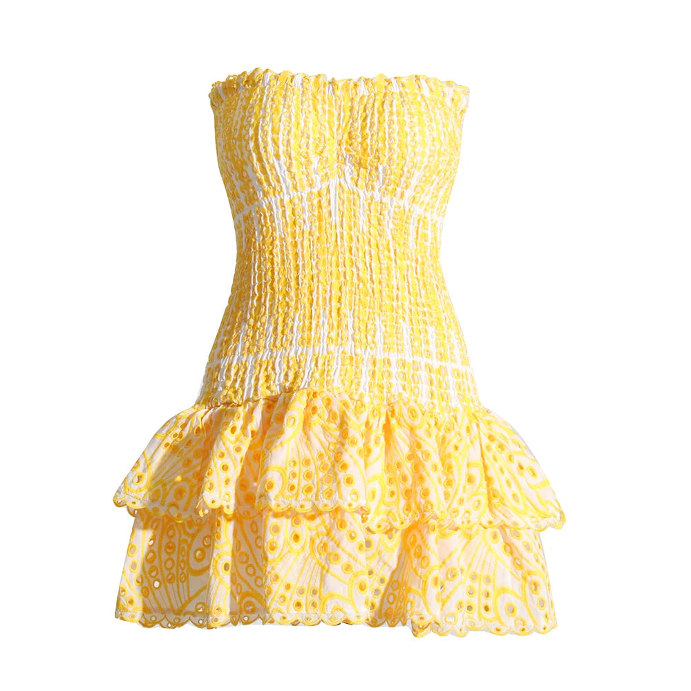 Cut Out Layered Hem Sexy Dress For Women Strapless Sleeveless Off Shoulder High Waist Mini Dresses Female Clothing voguable