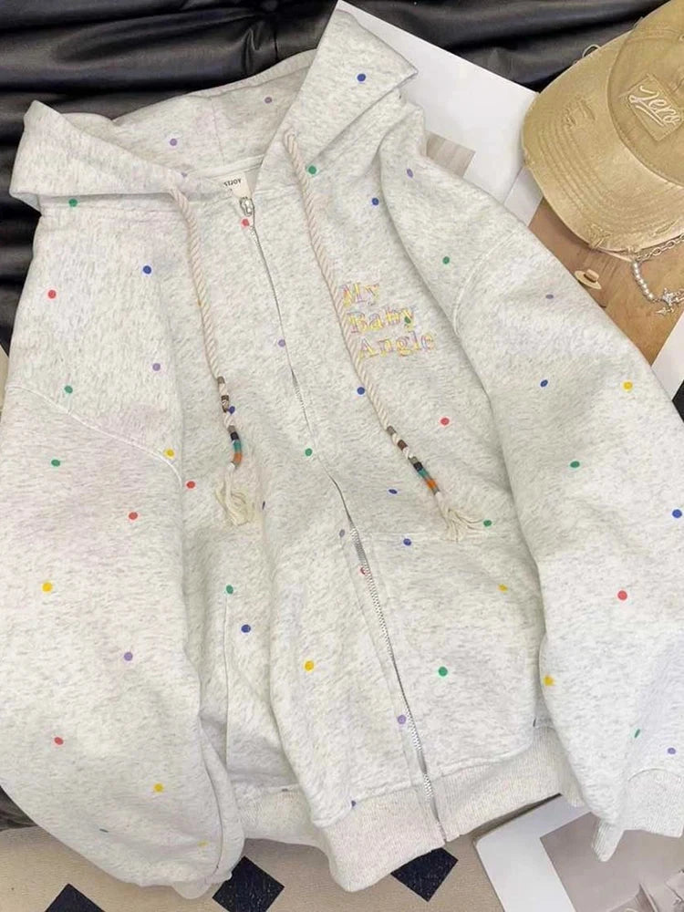 Vintage Dot Sweet Hoodies Women Letter Embroidery Cute Loose Sweatshirts Casual Preppy Style Long Sleeve Lady Japan Tops voguable