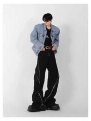 American Trendy Brand Men Black Zipper Design Slit Slightly Flared Pants Vertical Feeling Straight Casual Pants Retro Trousers gotmes-shop