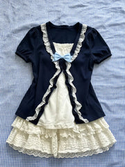 Voguable  American Retro Y2K Lace Ruffle Bow Top + Tiered Lace Mini Skirt Two Piece Set Vintage Harajuku Sweet Girl Streetwear Outfit voguable