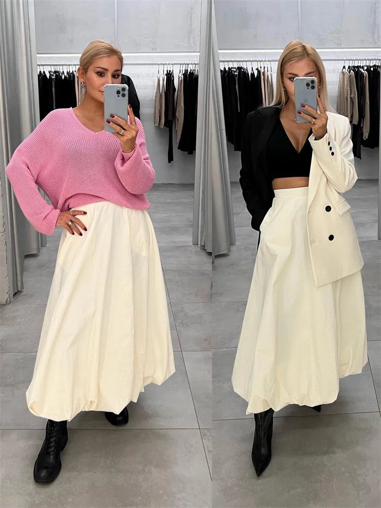 TARUXY Silk Satin White Maxi Skirt Long Ruffled Pleated Skirts Elegant Lantern Pants A-Line Silk Long Skirts For Women 2023 New voguable