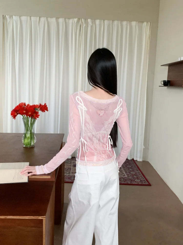 Designer Pink Long Sleeve T Shirt For Woman Fall 2025 Lace Print Funny Tees Cute Mesh Top Kawaii Clothes voguable