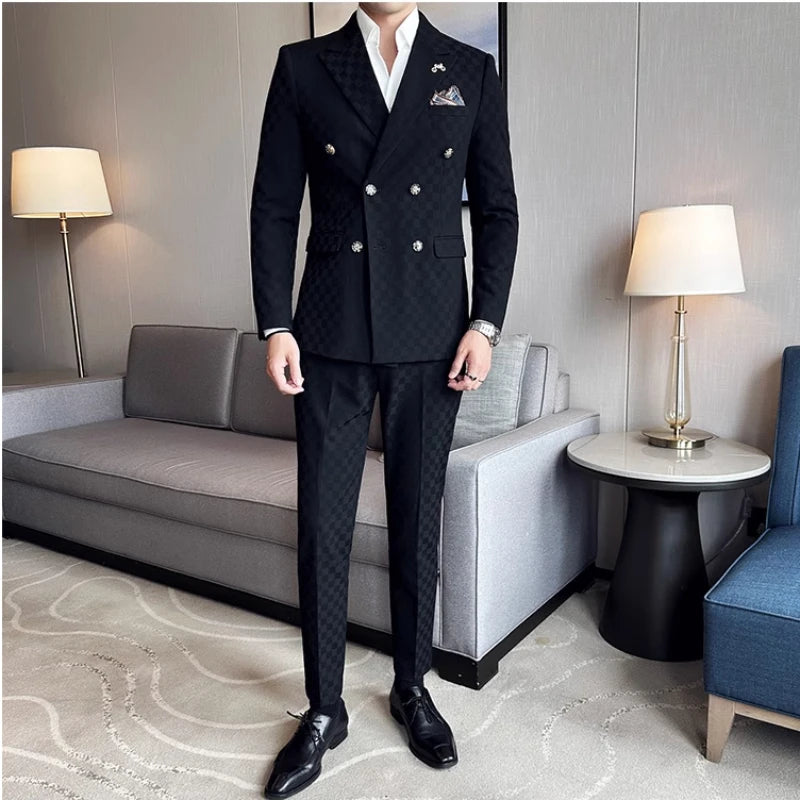 Voguable （Jacket+Vest+Pants）Classic Plaid Korean Slim-fit Men's High-end Banquet Dress Suit Fashion Men Formal Business Social Host Suit voguable