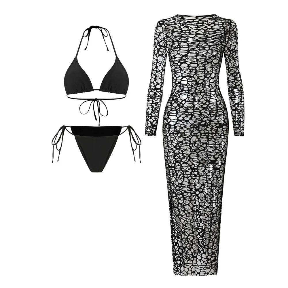 Voguable  Holiday Beige Hollow Out Dresses Swimwear Halter String Bikinis Sets 3 Pieces Micro Thong Sexy Swimsuit Women Beachwear voguable
