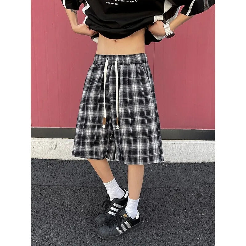 Summer Shorts For Men Fashion Retro Casual Shorts Mens Japanese Streetwear Loose Plaid Shorts Man Shorts Large Size 4XL voguable