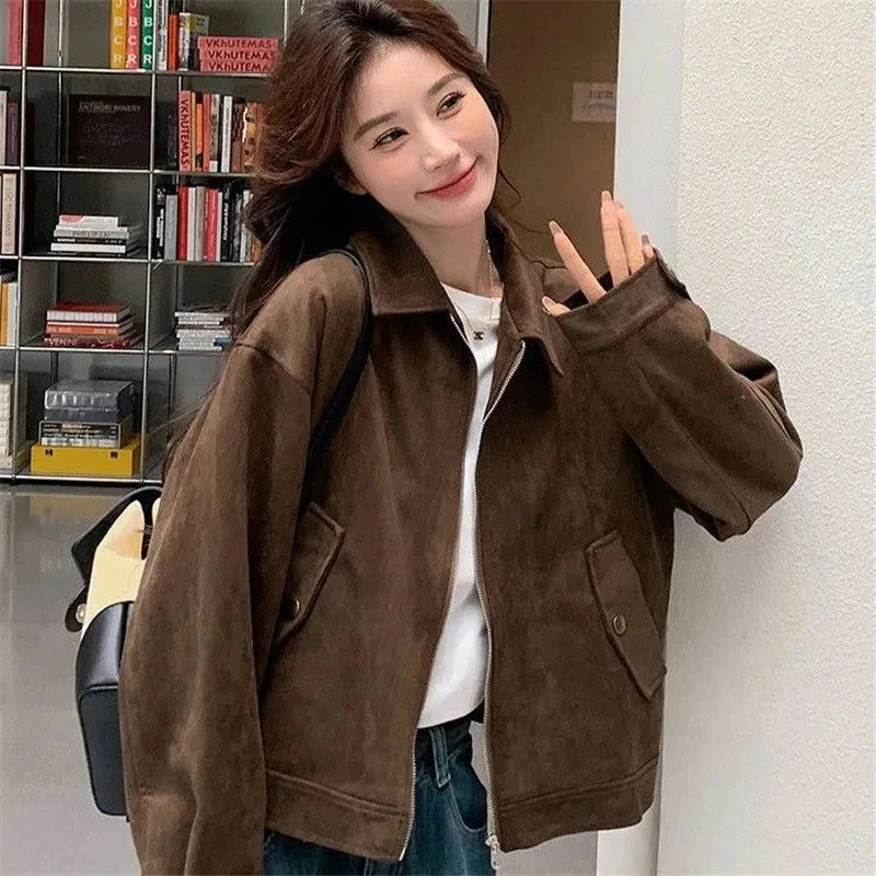American Y2K Jacket Women Vintage Loose Faux Suede Long Sleeve Casual Coat Hip Hop Fall Winter Lady Streetwear New Outwear voguable