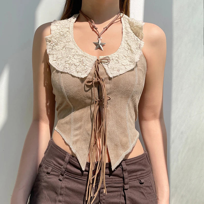 Voguable Suede Tank Top with Lace Collar Bandage Backless Halter Corset Fairycore Grunge Sleeveless Tops y2k Vintage Camis Women voguable