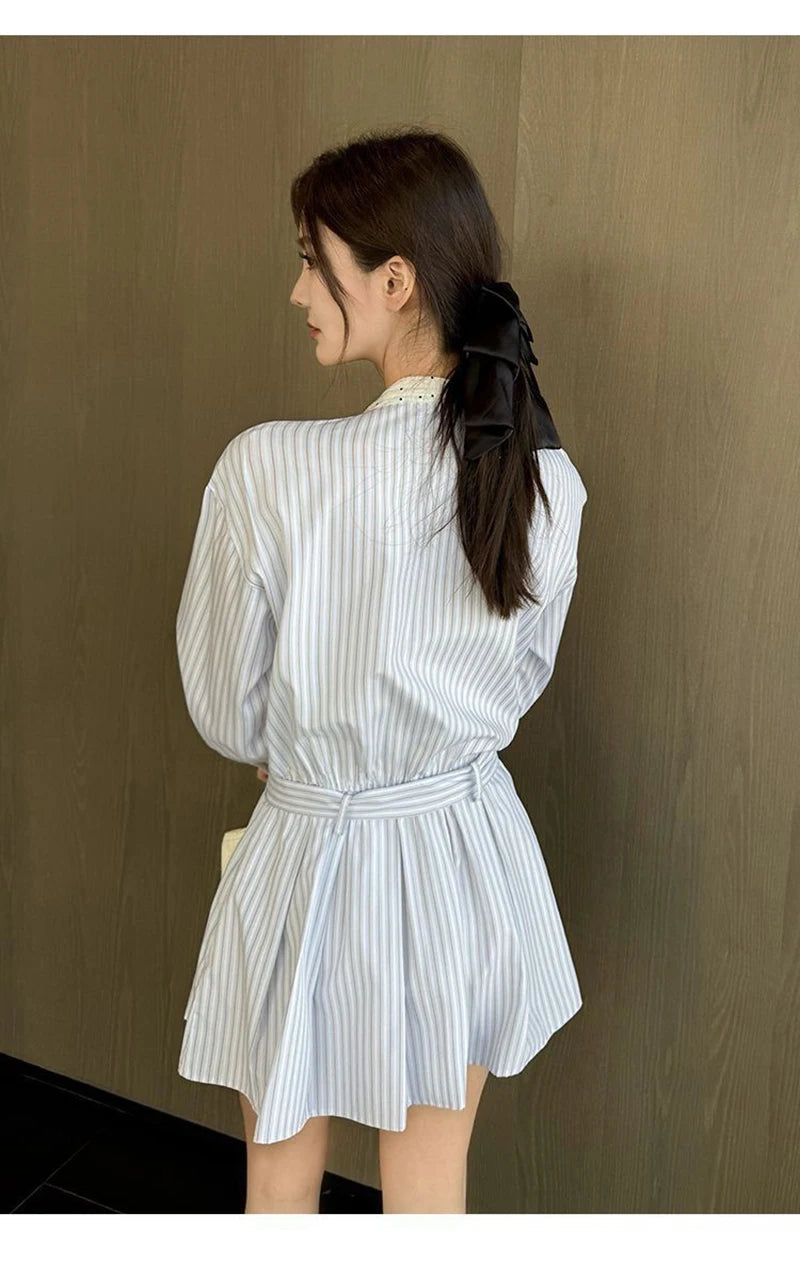 Korean Bow Striped Shirt Dress Women Casual Long Sleeve Elegant Sweet Mini Dress Vintage Patchwork Dot Female Design Dress voguable