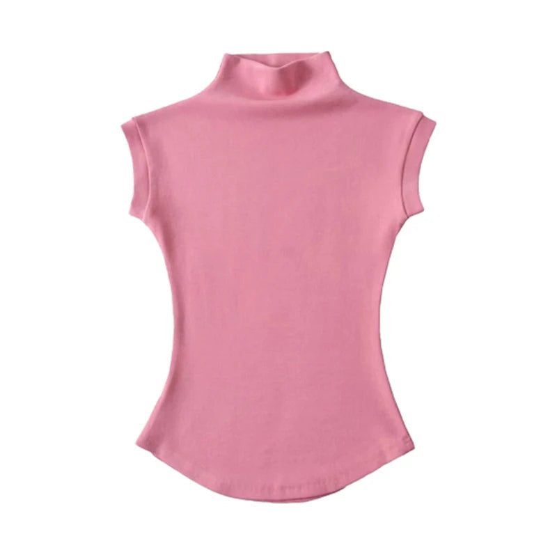y2k Crop Tops Women Summer Vest Solid Color Mock Neck Sleeveless Stretchy T Shirts 2000s Aesthetic Clothing Streetwear voguable