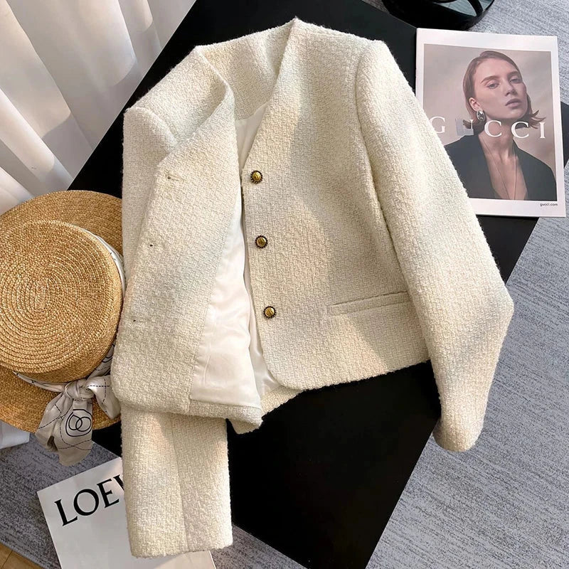 Slim Elegant Tweed Jacket Women Vintage Long Sleeve Sweet Short Coat French Casual Vintage Lady V Neck Single Breasted Tops voguable