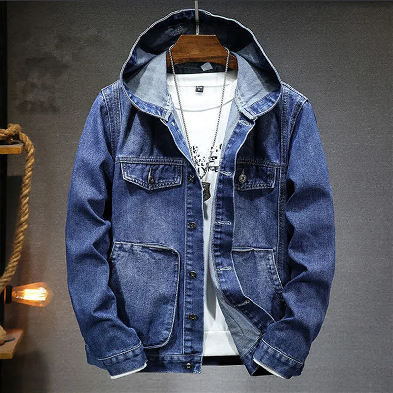Spring Autumn Men's Hooded Denim Jacket Windproof Casual Coats Male Large Pocket Sports Denim Jackets Solid Fashion Streetwear voguable