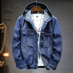 Spring Autumn Men's Hooded Denim Jacket Windproof Casual Coats Male Large Pocket Sports Denim Jackets Solid Fashion Streetwear voguable