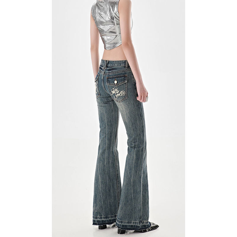 American High Street Spicy Girls Low Waist Jeans Women Autumn Vintage Y2k Design Sense Slim Fit Straight Tube Micro Flare Pants voguable
