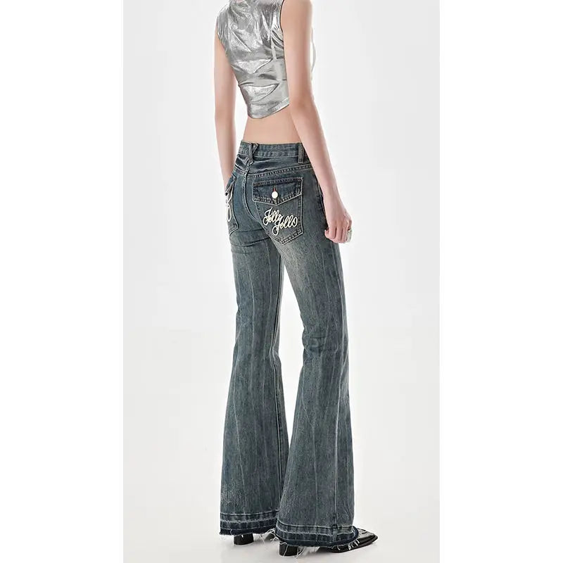 American High Street Spicy Girls Low Waist Jeans Women Autumn Vintage Y2k Design Sense Slim Fit Straight Tube Micro Flare Pants voguable