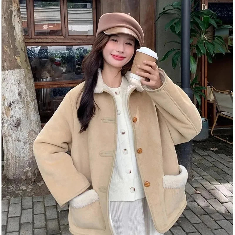 Women Faux Lamb Suede Jacket Winter Warm Long Sleeve Sweet Cotton Coat Korean Pockets Female Thick Vintage Outwear Tops voguable
