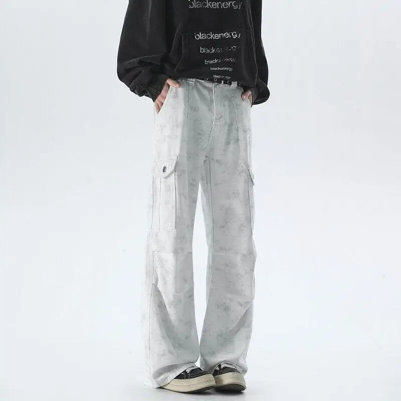 Vintage Tie dye Men's Baggy Denim Trousers White 2025 New Streetwear Wide Leg Loose Denim Pants Fashion Straight Gargo Pants voguable