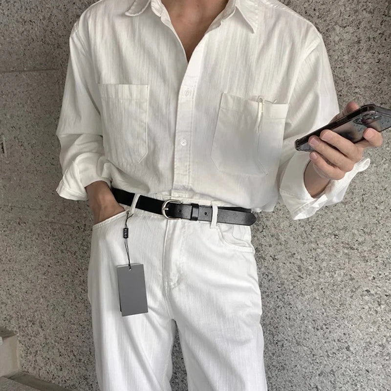 New Men Luxury Korean Style Shirts Casual Long Sleeve Drapped Solid Color Button-down Cardigan Fashion Business Leisure Blouse voguable