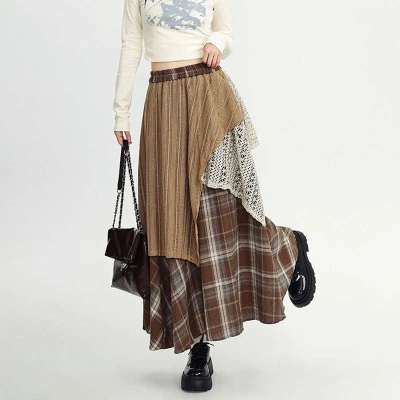 Autumn Winter Woolen Plaid Skirts Women Elastic High Waist Patchwork Irregular Waste Soil Wind Fashion Loose A-line Big Skirt voguable