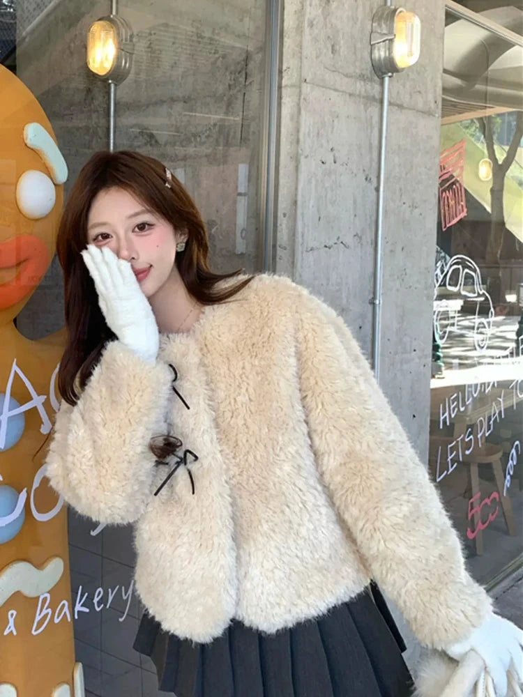 Cute Bow Faux Lamb Coat Women Sweet Winter Long Sleeve O Neck Jacket Slim Warm Korean Female Fashion Preppy Style Outwear Tops voguable