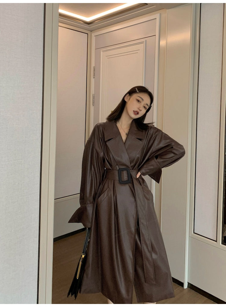 Long oversized leather trench coat for women long sleeve lapel loose fit Fall Stylish black women clothing streetwear voguable