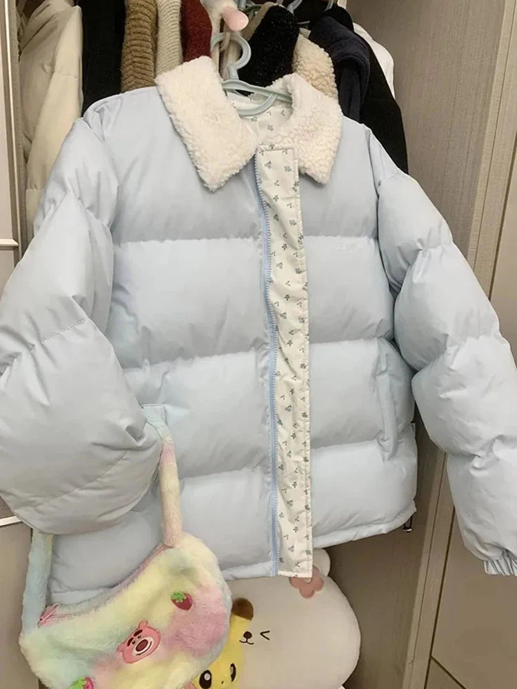 Blue Floral Patchwork Parkas Women Korean Sweet Winter Warm Puffy Coat Casual Long Sleeve Loose Preppy Style Cotton Jacket voguable