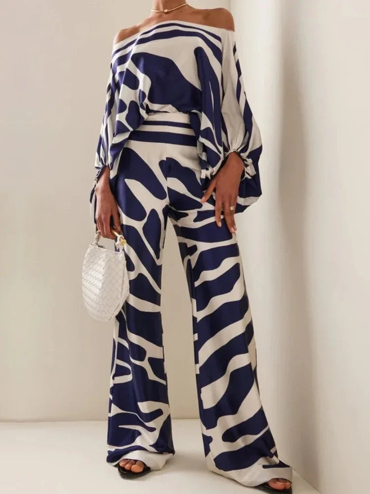 Women Print Satin Outfit Lantern Sleeve Off Shoulder Long Sleeve Blouse Office Lady 2 Piece Sets New Casual Wide Leg Pants Suits voguable