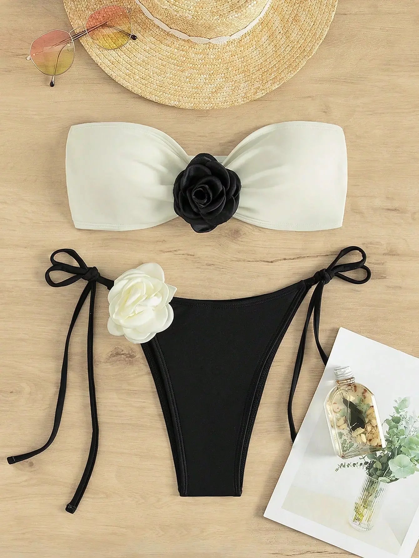 Voguable Sexy 3D Floral Designer Bikini Set 2024 New Bandeau Push Up Bra Black White Patchwork Micro Swimsuit Bathing Suit Thong Swimwear voguable