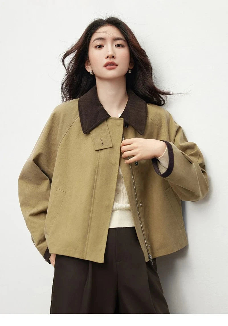 Vintage Casual Khaki Jacket Women Long Sleeve Patchwork High Quality Coat Korean All Match Women Fall Winter Embroidery Top voguable