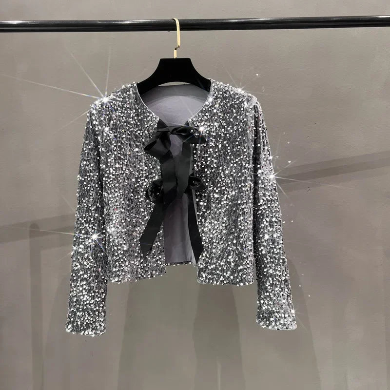 Voguable  Korean version name Warm air short version Small fragrant sequins Small suit Light ripe wind BINGBING bead lace-up bow top voguable
